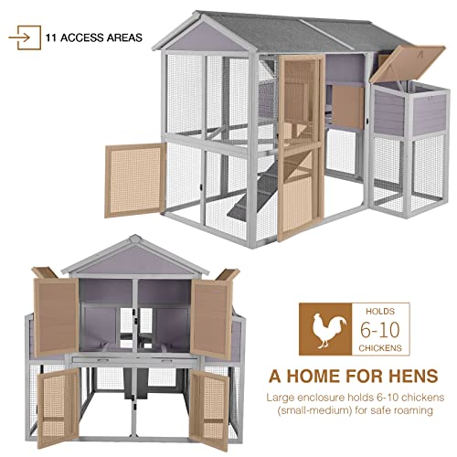GUTINNEEN Large Chicken Coops for 6-10 Chickens, Hen House with 2 Nesting Boxes, Poultry Cage with Ramps and Run, Waterproof Roof