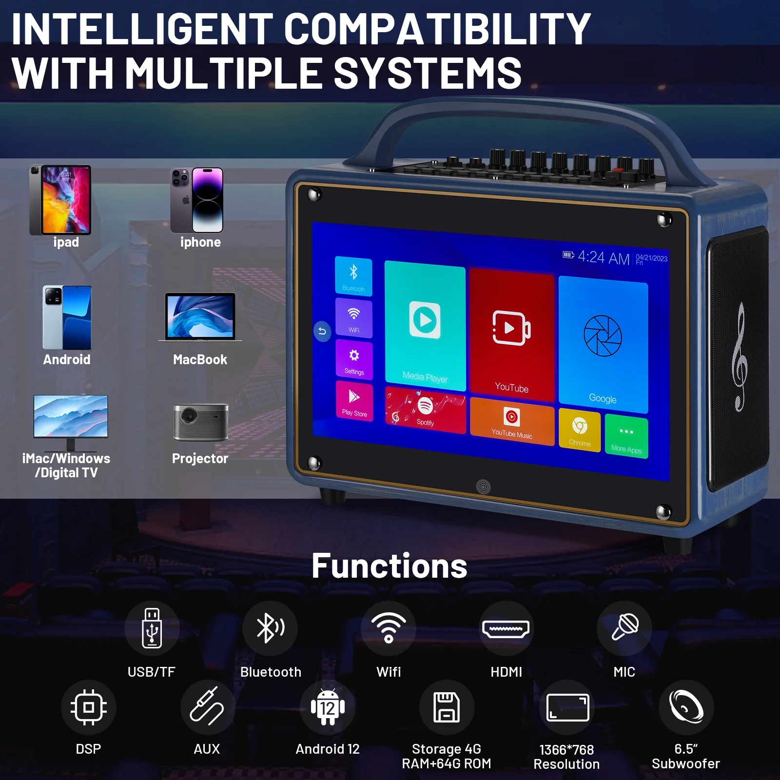 Portable Karaoke Machine Systems Wireless BT Streaming Loudspeaker for Adults&Kid,14”HD Touch Screen/Android 12/4+64G,Support Microphone/WiFi/USB/SD/PC/TV/Phones/HDMI