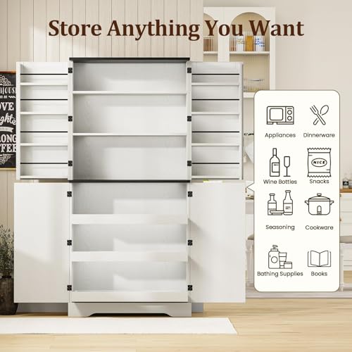 72" Kitchen Pantry Storage Cabinet, Farmhouse Pantry Cabinet with 8 Hanging Rack Shelves & 3 Pull-Out Racks, Pantry Storage Cabinet, Freestanding Cupboard for Kitchen, Dining Room, White