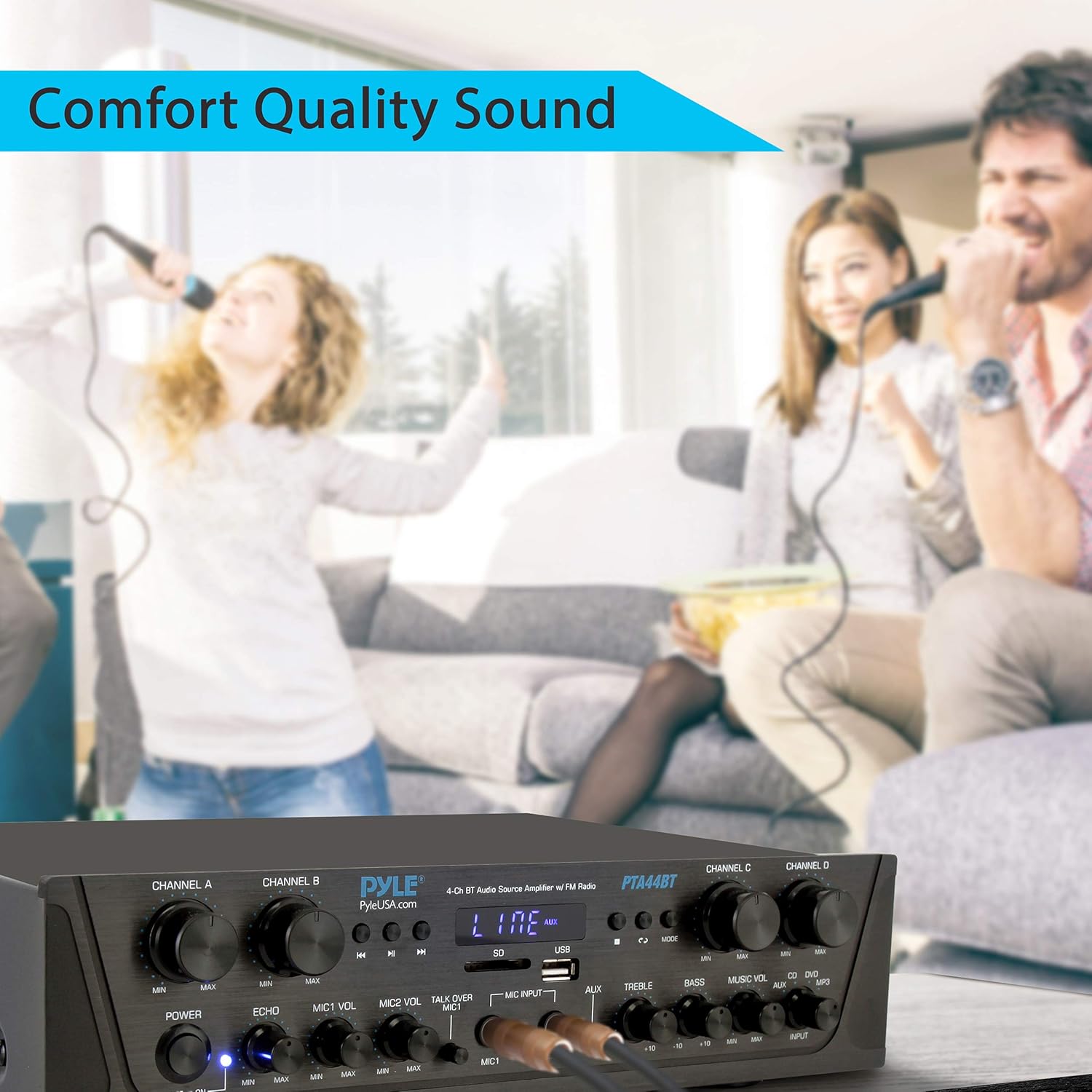 500W Karaoke Wireless Bluetooth Amplifier - 4 Channel Stereo Audio Home Theater Speaker Sound Power Receiver with AUX IN, FM, RCA Subwoofer Speakers OUT, USB, Microphone IN with Echo - Pyle PTA44BT