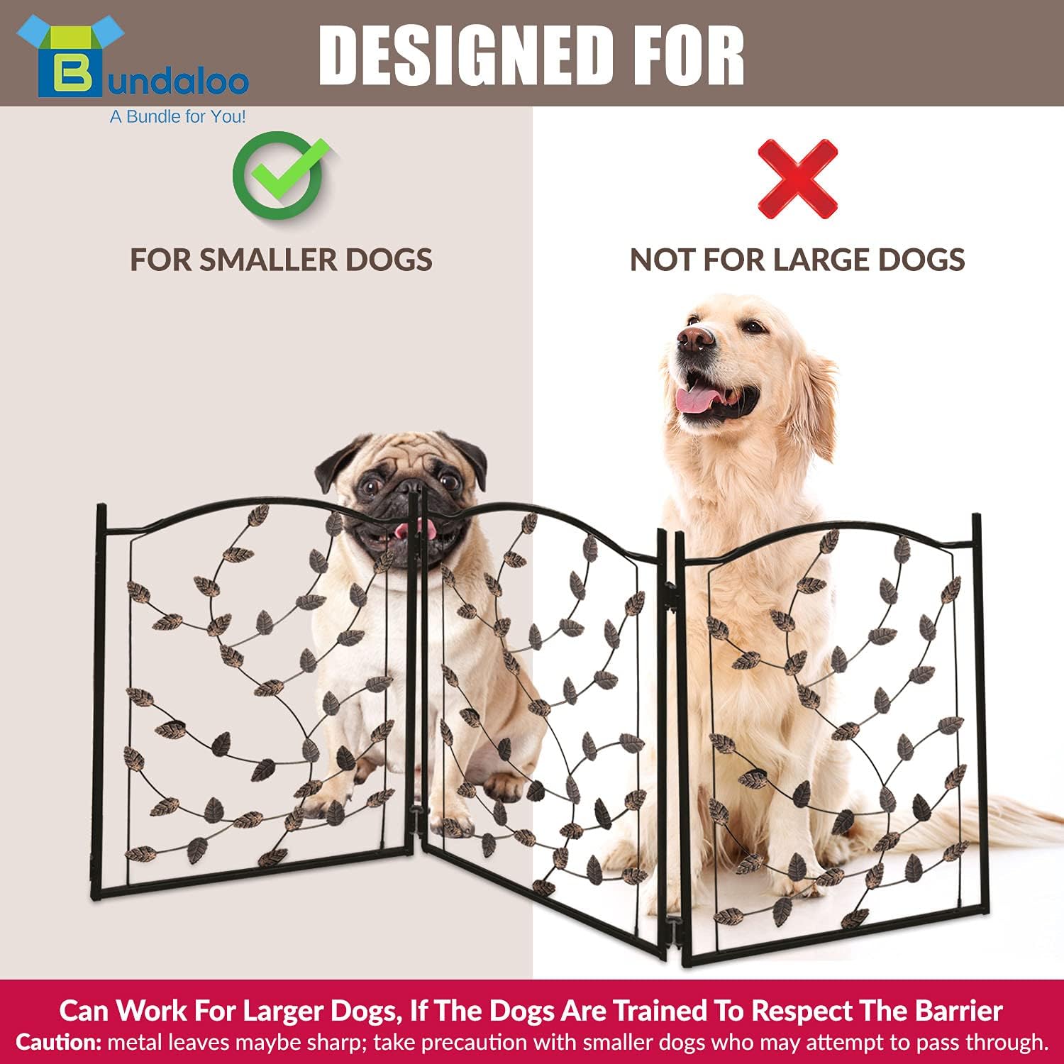 Bundaloo Freestanding Metal Folding Pet Gate | Large Portable Panels for Dog & Cat Security | Foldable Enclosure Gates for Puppies | Indoor & Outdoor Safety for Pets (Black Rustic, Metallic Leaf)