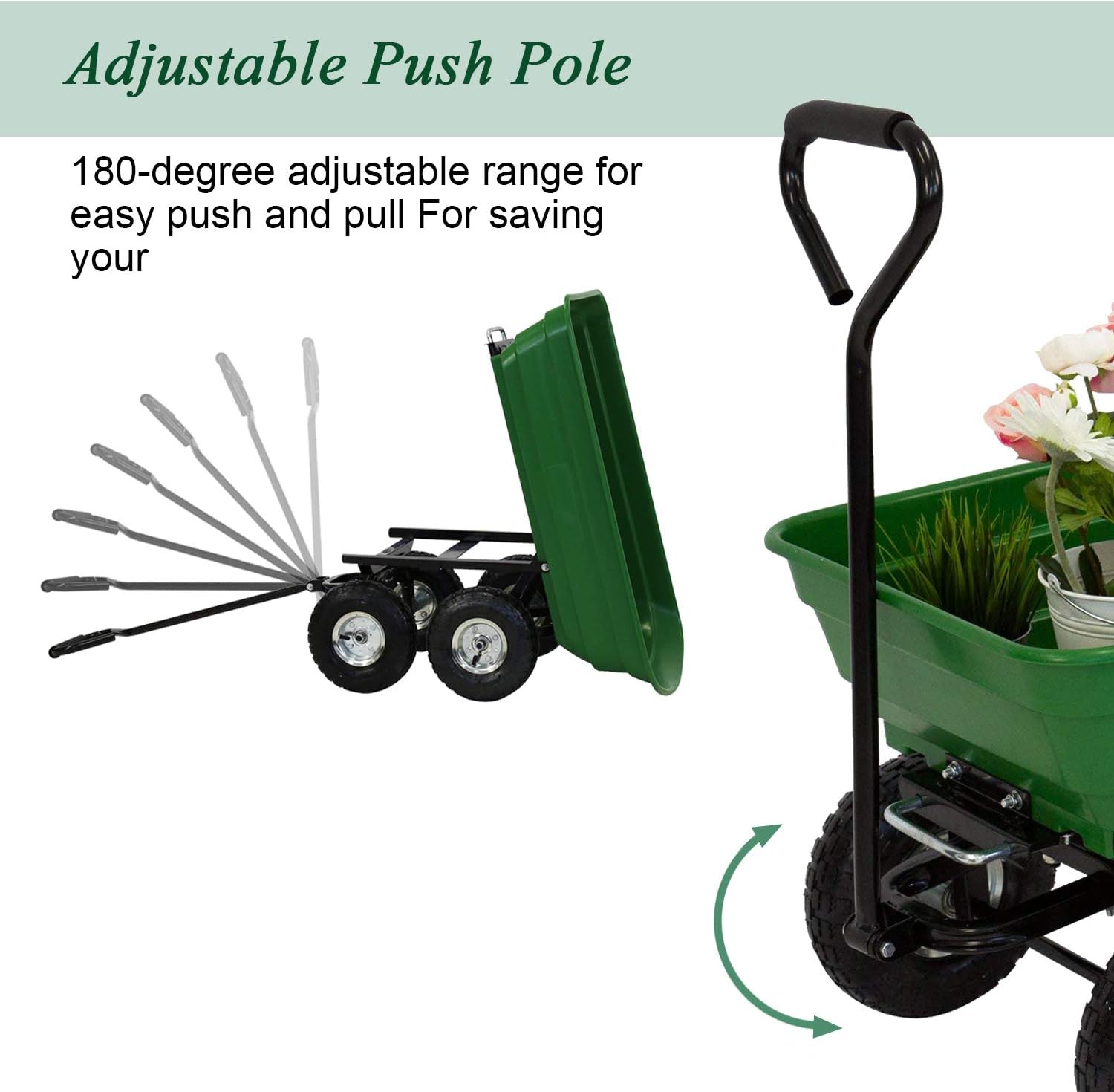 Kintness Garden Dump Cart Utility Yard Outdoor Wagon Carrier Trolley Tool with Steel Frame and Pneumatic Tires 600-Pound Capacity Green