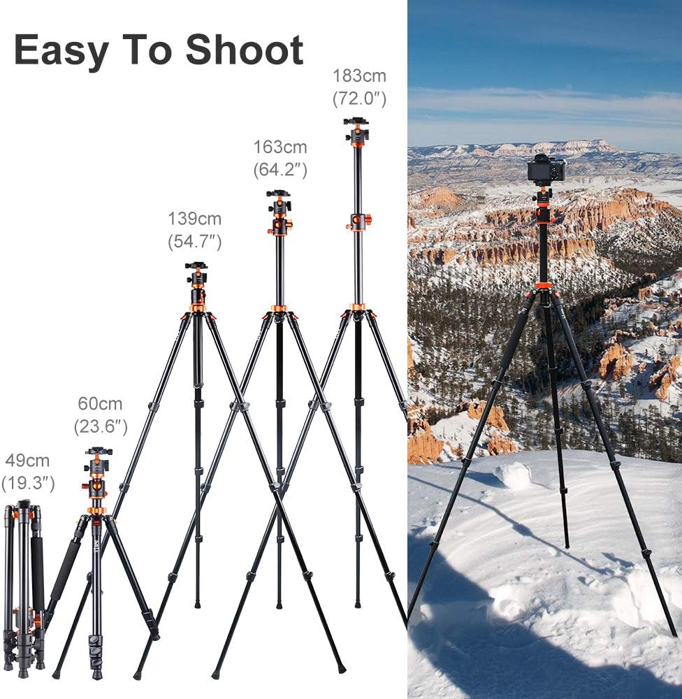K&F Concept 72 Inch Camera Tripod, S211 Transverse Center Column Aluminium Professional DSLR Tripod with 360 Degree Ball Head,Quick Release Plate,Detachable Monopod 10kg Load for Travel and Work
