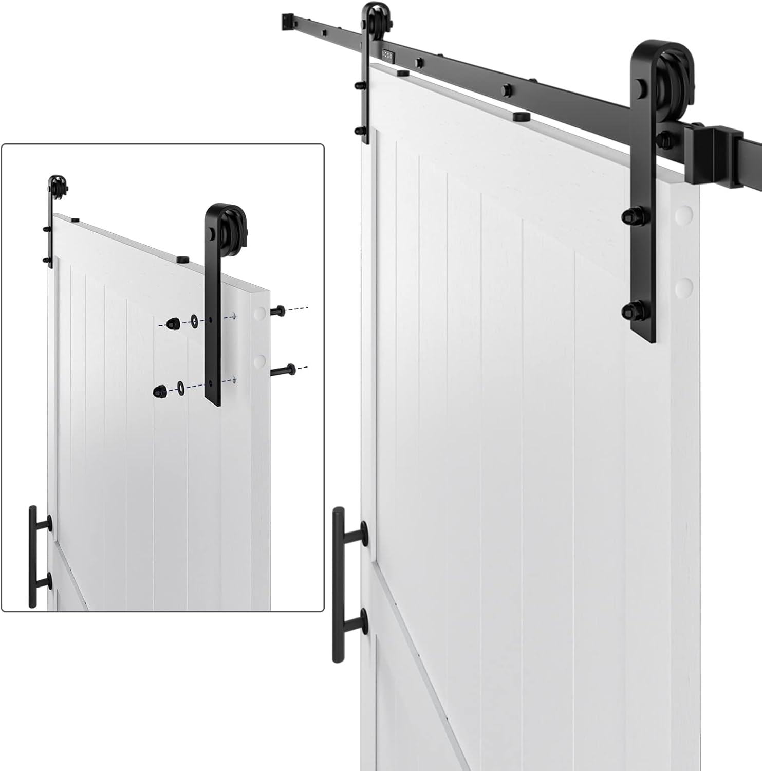 48in x 84in MDF Sliding Barn Door with 8ft Barn Door Hardware Kit & Handle, Pre-Drilled Holes Easy Assembly -Solid Barn Door Slab Covered with Water-Proof PVC Surface, White, H-Frame