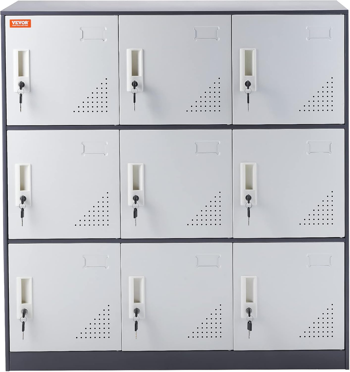 VEVOR Metal Locker for Employees, 9 Doors Storage Cabinet with Card Slot, Gray Steel Employee Lockers with Keys, 66lbs Loading Capacity Office Storage Lockers for Office, Home, School, Gym