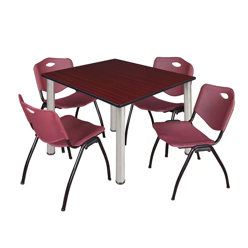 Belen Kox Kee 48" Square Breakroom Table- Mahogany/ Chrome & 4 'M' Stack Chairs- Burgundy