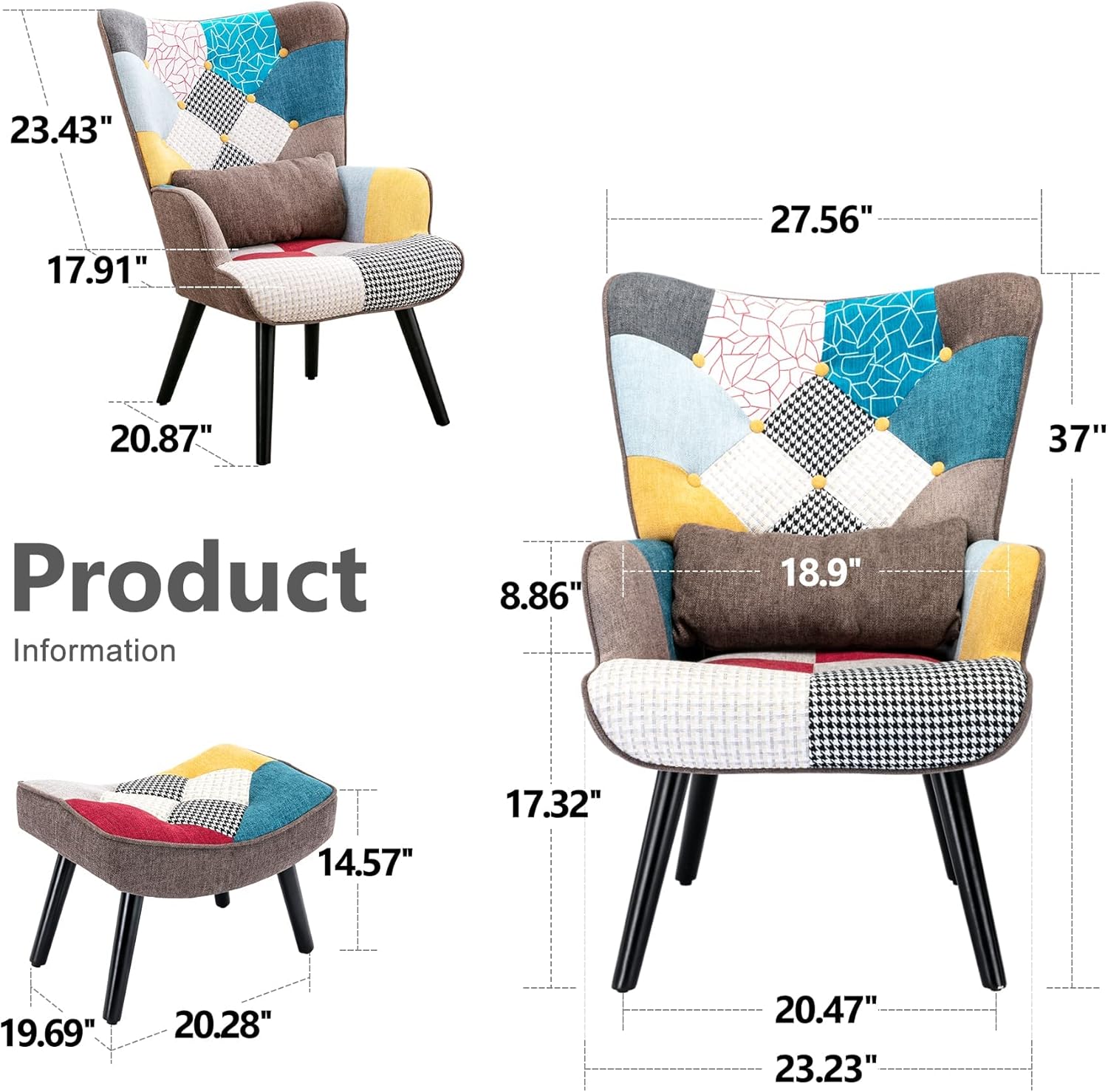 HomeMiYN Patchwork Accent Chair with Ottoman, Modern Colorful Reading Armchairs with Footrest, Splicing Wingback Chair with Wooden Legs for Living Room, Bedroom