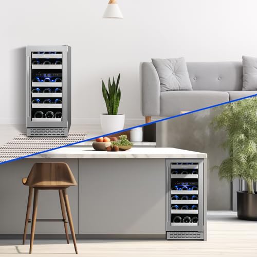 15" Wine Cooler Refrigerator Dual Zone-28 Bottle Capacity, Seamless Reversible Doors, Shelves Stainless Steel Edged, Built-in or Freestanding Wine Cooler for Home and Kitchen