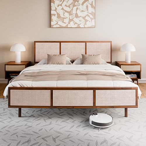 Bme Nancy Solid Acacia Wood Coffee Table for Living Room, Spacious Oval-Shaped 237 Lbs Top Capacity, Rattan Shelf Below, Mid Century, Rustic and Modern Style Living Room Furniture, Dark Chocolate