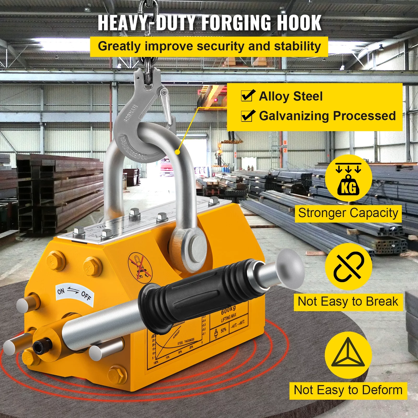 VEVOR Magnetic Lifter 1320LBS Capacity, 600KG Steel Lifting Magnet , Permanent Magnetic Lift Hoist Shop Crane with Handle, Heavy Duty Metal Lifting Magnet for Material Lifting Equipment in Yellow