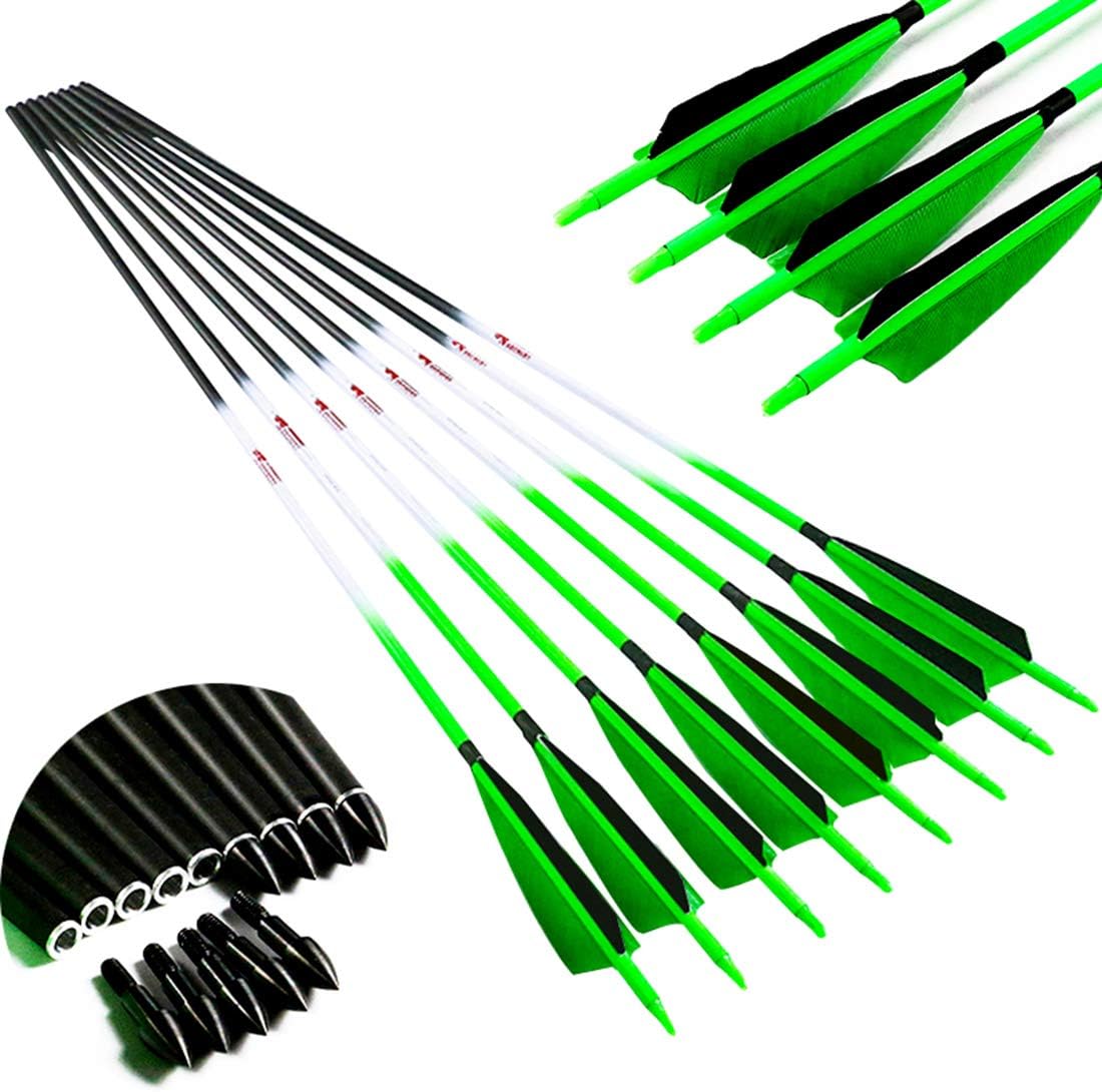 Linkboy Archery Carbon Arrows Hunting Practice Target Arrows Fluorescent with Removable Tip for Compound Recurve Long Bows, Spine 300 340 400 500 600, Pack of 6/12PCS
