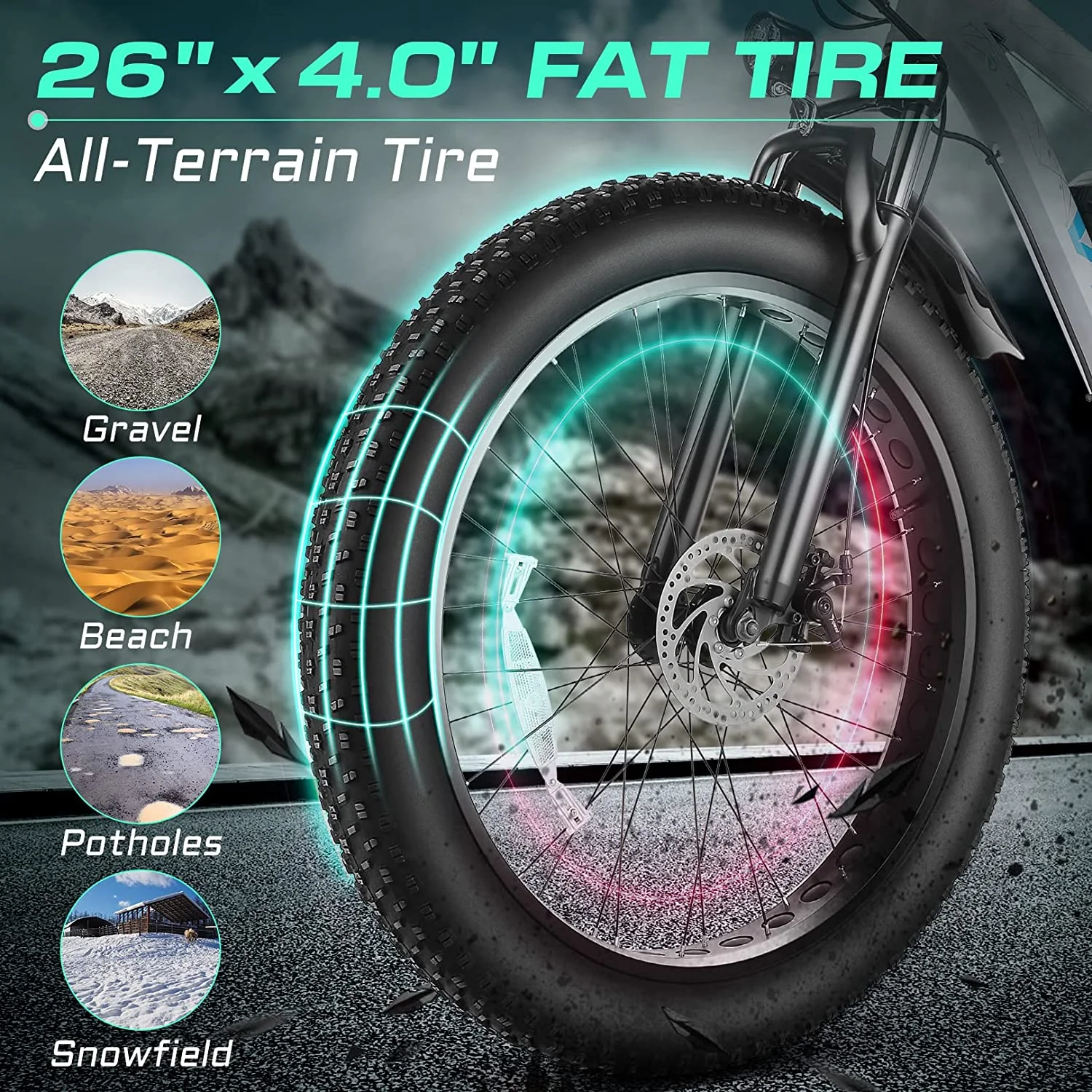 Vivi Electric Bike 26 x 4.0 Fat Tire Electric Bike 500W All Terrain Electric Bike 50 Miles Long Range Electric Mountain Bike Beach Bike Snow Bike