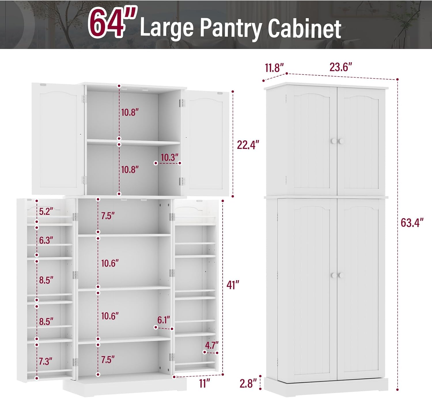 HOME BI 64" Kitchen Pantry Cabinet, Tall Freestanding Pantry Storage Cabinet, Food Pantry Cabinets with Doors and Shelves for Home Kitchen, Dining Room, Living Room, White