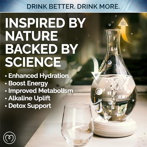 MAYU Swirl Structured Water Pitcher - Innovative Vortex Technology - Handblown. Reverse Osmosis Filter Complementary. Aerating Dispenser Stand 1.5 Liter | 51Oz Design Dining Glass Jug (Graystone Base)