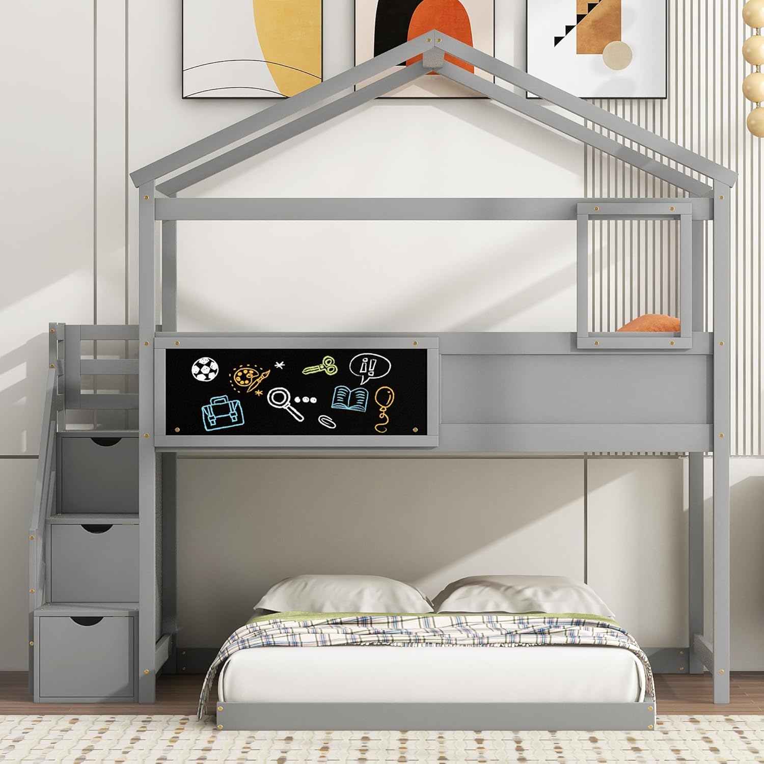 L-Shaped Twin Over Full House Bunk Bed with Storage Stairs and Blackboard, Wood Playhouse Bunk Beds with Roof and Guardrails for Kids Boys Girls Teens, Gray