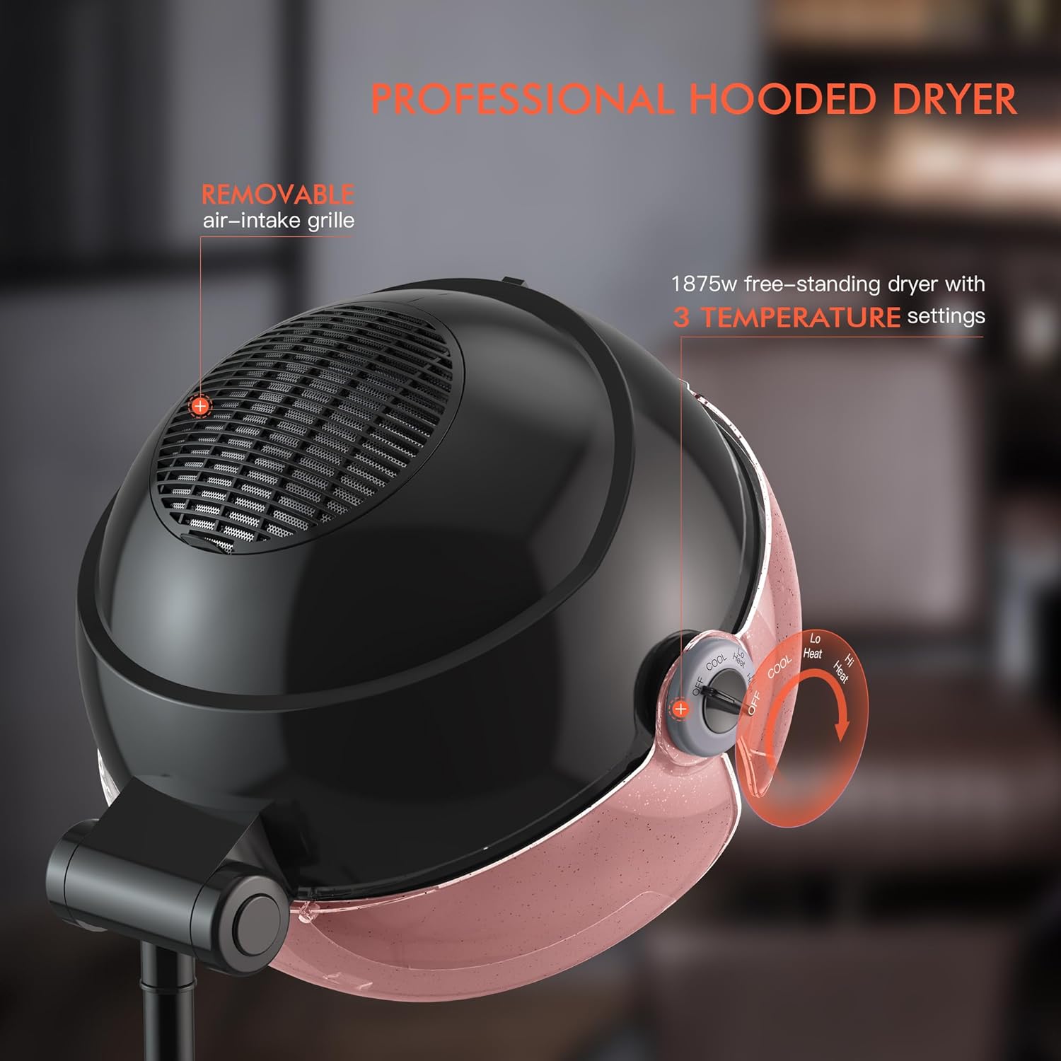TASALON Ionic Hooded Hair Dryer, 1875W Professional Adjustable Standing Bonnet with 3 Temperature Settings, Sit Under Hair Dryer for Home, Auto Salon Dryer with Rolling Wheels & Timer, Pink