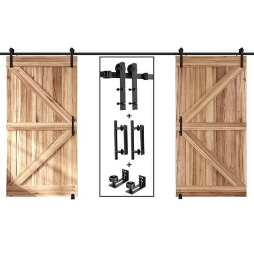 EaseLife 12 FT Double Sliding Barn Door Track and Handle Hardware Kit,Straight Pulley,Slide Smoothly Quietly,Easy Install (12FT Track Kit for 33"~36" Wide Double Door)