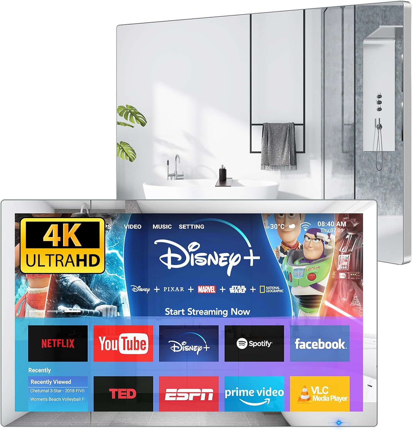 Haocrown 32 Inch Smart Bathroom TV 4K Ultra HD Android TV IP66 Waterproof Smart Mirror TV Google Assistant Built-in with Voice Remote,ATSC Tuner, Suitable for Bathroom Sauna(Silver Frame,2024 Model)