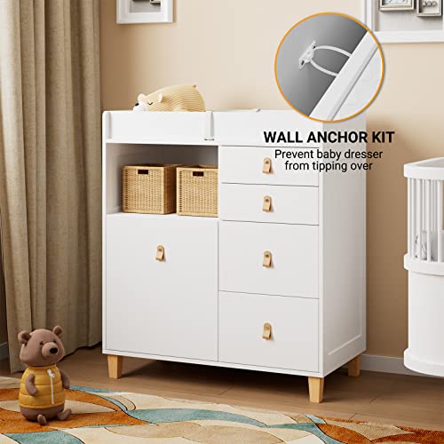 Baby Changing Table Dresser, 33.5" Baby Nursery Dresser with Drawers & Shelf, Wooden Storage Dresser Chest w/Changing Station for Infant Kids Bedroom, White