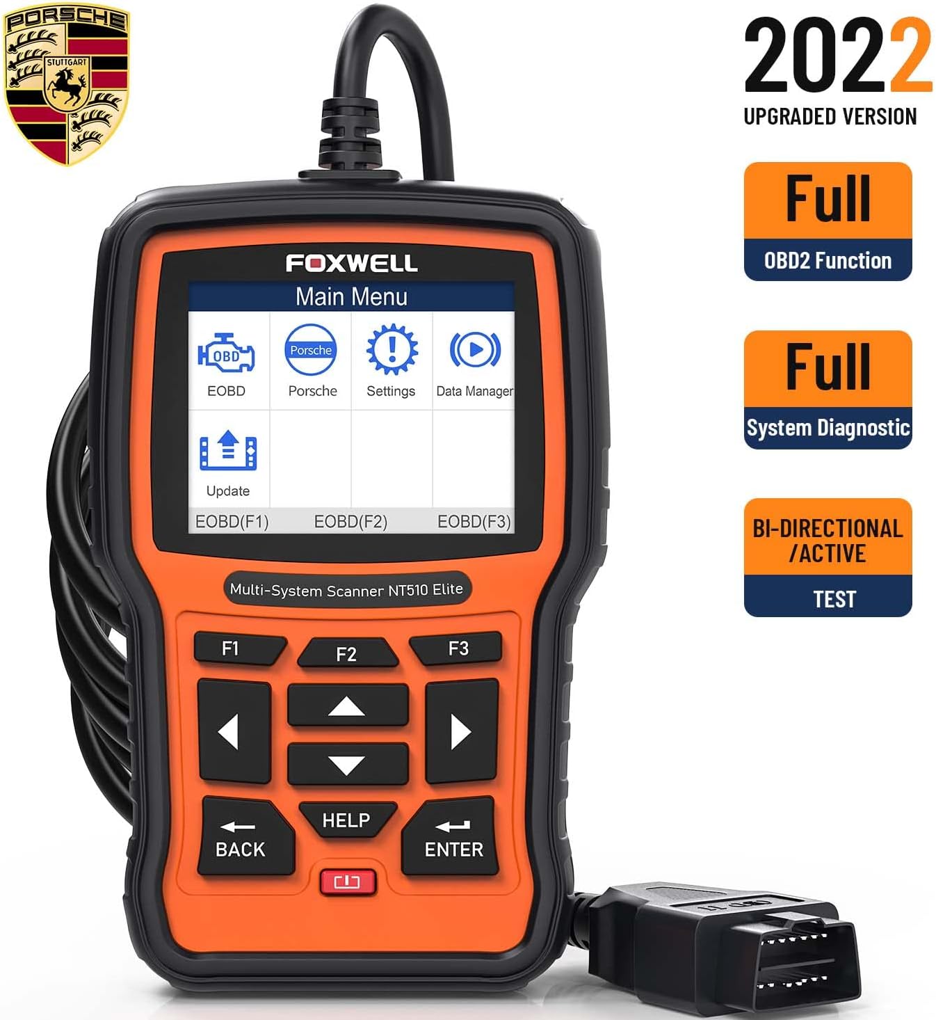 FOXWELL NT510 Elite All Systems OBD2 Scanner for Porsche, HVAC 4WD Bi-Directional Diagnostic Scanner with Oil Reset EPB SAS TPS TPMS Battery Registration Scan Tool
