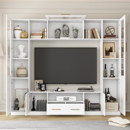 Entertainment Wall Unit for Living Room with Storage Bridge, Modern TV Stand with Glass Doors & Shelves, TV Media Console Table for TVs Up to 70", Entertainment Center with Bookshelves White