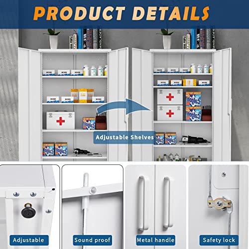 Yizosh Metal Garage Storage Cabinet with 2 Doors and 5 Adjustable Shelves - 71" Steel Lockable File Cabinet,Locking Tool Cabinets for Office,Home,Garage,Gym,School (Gray White)