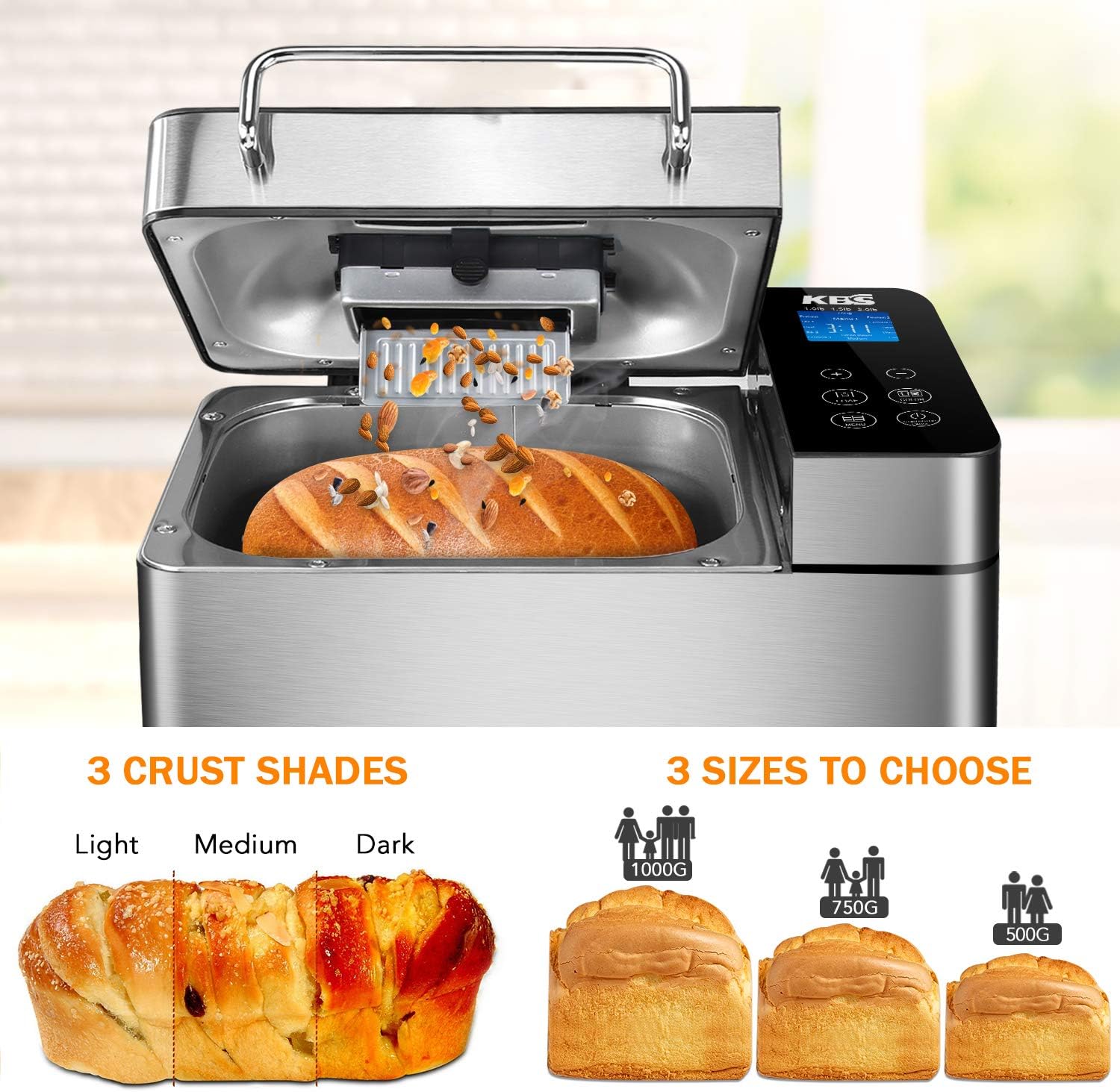 KBS Pro Stainless Steel Bread Machine, 2LB 17-in-1 Programmable XL Bread Maker with Fruit Nut Dispenser, Nonstick Ceramic Pan& Digital Touch Panel, 3 Loaf Sizes 3 Crust Colors, Reserve& Keep Warm Set
