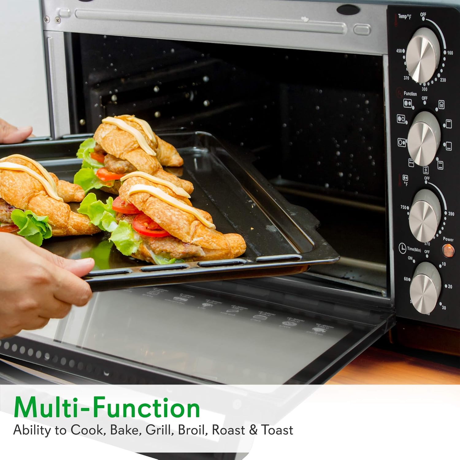 Nutrichef 30 Quart Kitchen Convection Oven & 2 Burner Cooker - 1500 Watt Oven - 7 Cook Functions Rotisserie, Cook, Bake, Broil & More - Includes Baking Tray, Skewers & Handles - 19.6 x 16.0 x 13.5 IN