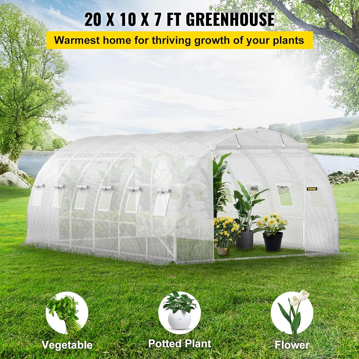 VEVOR 20 x 10 x 7 ft Walk-in Greenhouse Bundle with 10 Plant Growing Trays, Portable Hot House w/Galvanized Steel Hoops, Zippered Doors & Roll-up Windows