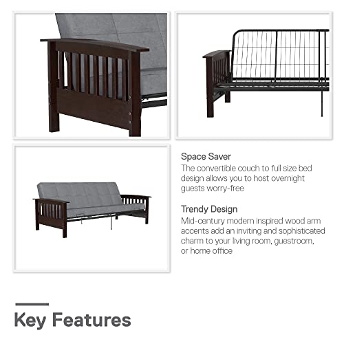 REALROOMS Elbi Full Size Wood Arm and Black Metal Futon Frame, Brown