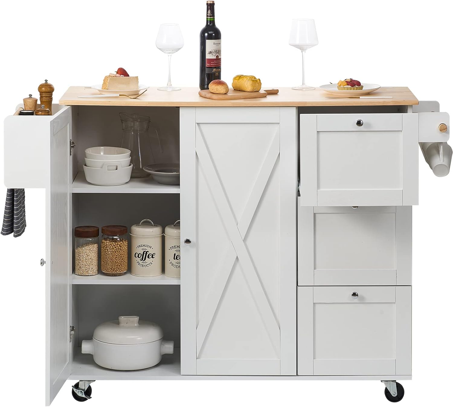 VEVOR Kitchen Island Cart with Solid Wood Top, 45.3" Width Mobile Carts with Storage Cabinet, Rolling Kitchen Table with Spice Rack, Towel Rack, Drop Leaf and Drawer, Portable Islands on Wheels, White