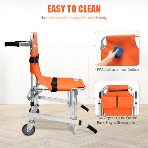 EMS Stair Chair Foldable Stair Chair Lift Ambulance Medical Lift with 2 Wheels Portable Stair Lift Chair with 2 Adjustable Straps for Elderly, Disabled 350 lbs Load Capacity (Orange)