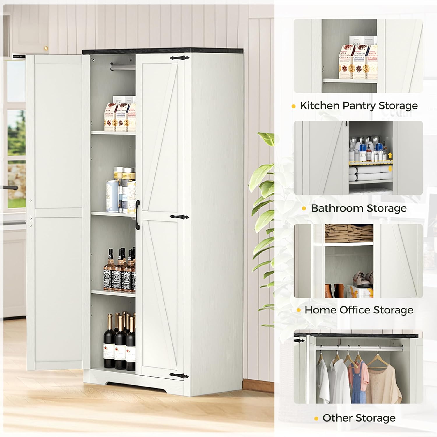 Wardrobe Closet with Doors, 72" Armoire Wardrobe Cabinet, White Bedroom Storage Cabinet with Hanging Rod for Kitchen, Pantry