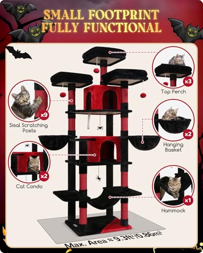 Globlazer Big Cat Tower for Indoor Cats, 80inch Cat Tower for Multiple Adult Cats XXL Cat Tree with Scratching Post, Hammock, 3 Perches, 2 Condos, 2 Hanging Basket, F80, Light Grey