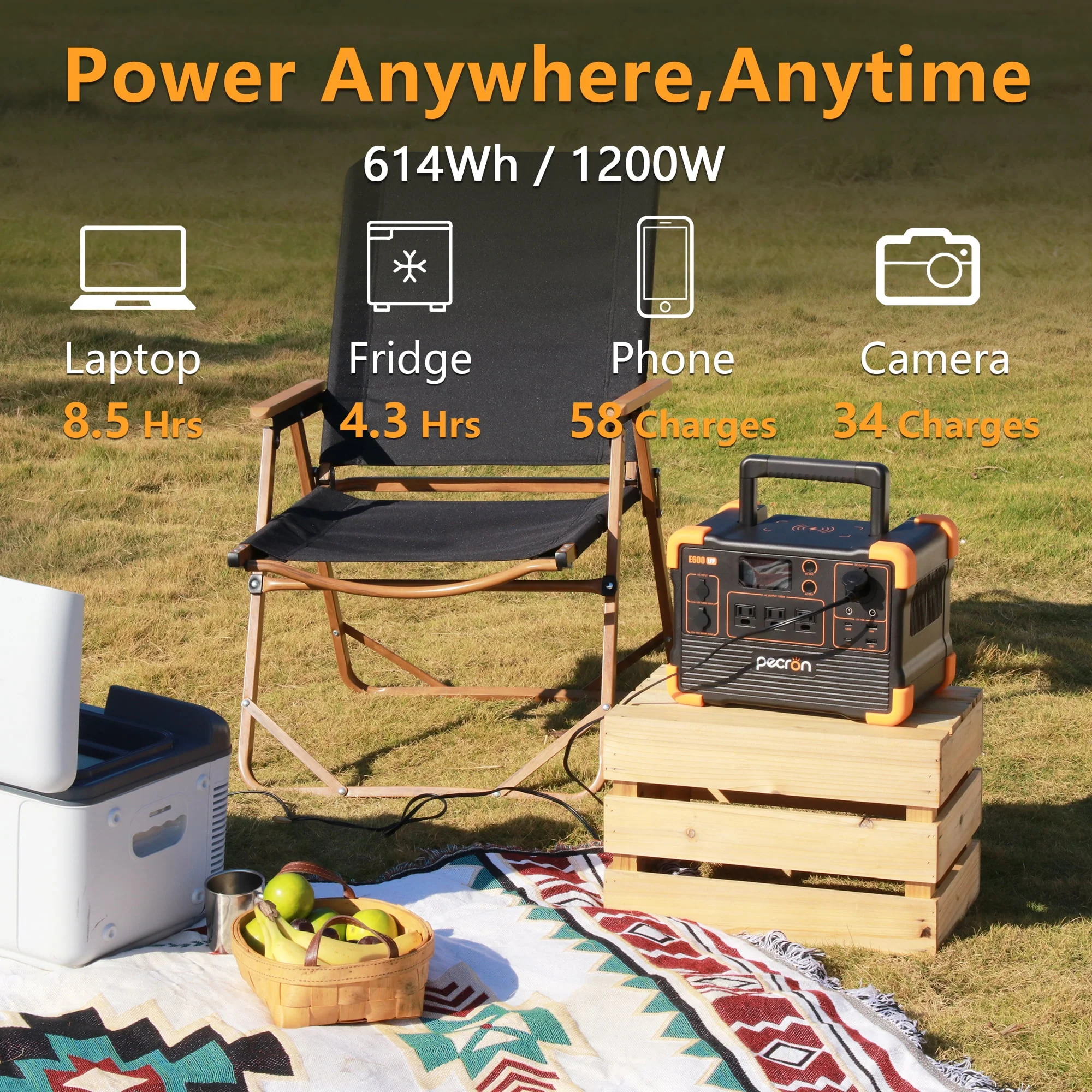 PECRON E600LFP Portable Power Station 614Wh/1200W Portable Generator LiFePO4 Battery Solar Generator for Camping RV Home Backup Outdoor Emergency