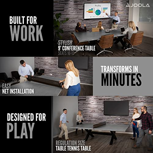 JOOLA Outdoor Table Tennis Table - Multi Use Conference Table Dining Table - Concrete Wood Look Includes Steel Outdoor Ping Pong Net Set & Frame - Hybrid Indoor Outdoor Ping Pong Table