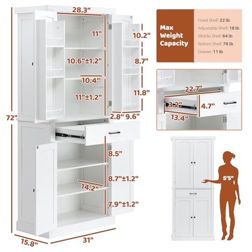 HollyHOME 72" Kitchen Pantry Cabinet, Storage Cabinet with 4 Doors and 1 Drawer, Freestanding Cupboard with Adjustable Shelves and 6 Door Shelves for Kitchen, Dining Room, Living Room, White