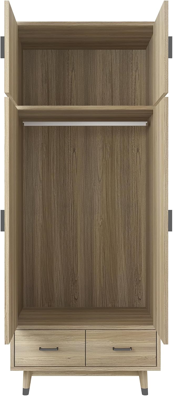 Armoire Wardrobe Closet 2-Door Storage Pantry Cabinet Modern Wood Closet with 2 Drawers, Hanging Rod, Freestanding Pantry Cabinet for Bedroom, Oak