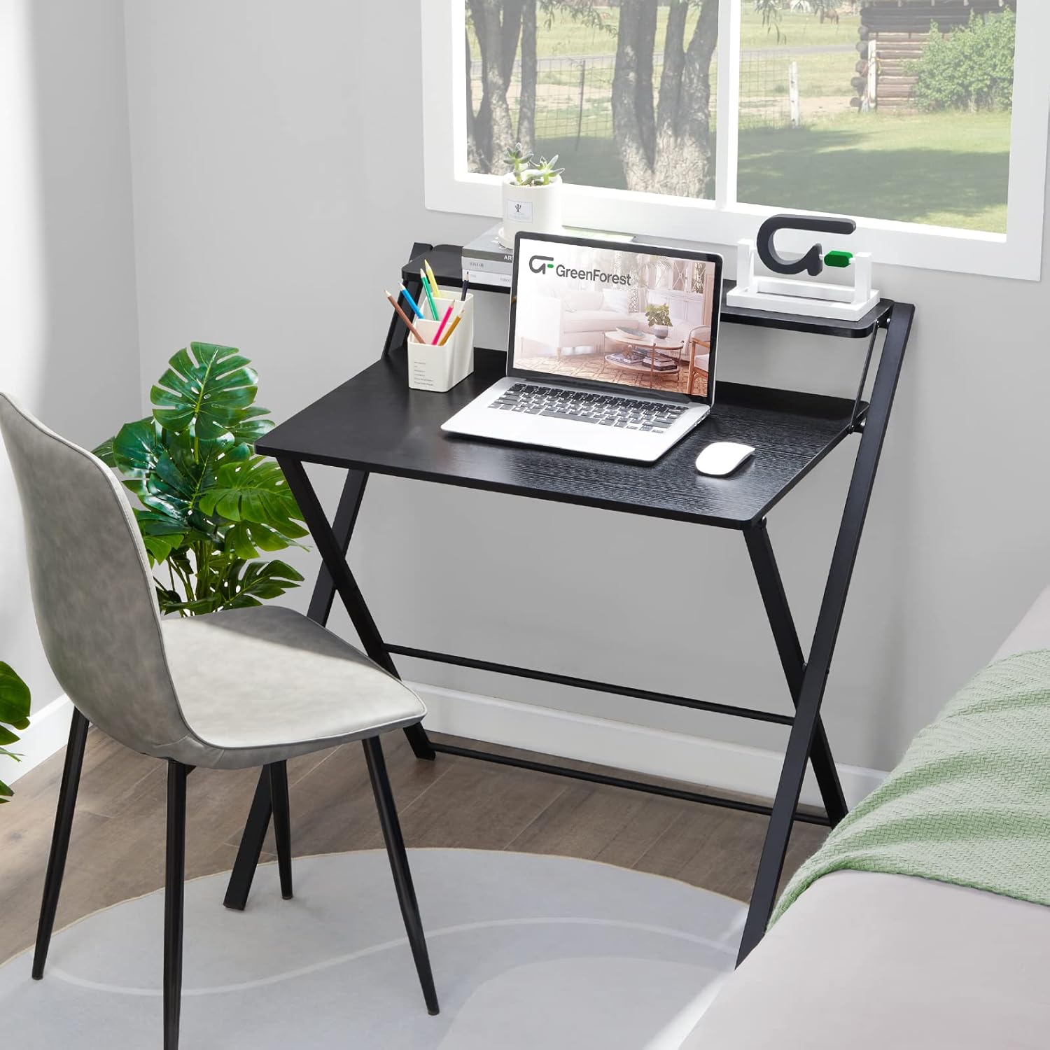 GreenForest Folding Desk No Assembly Required Small Size and Computer Desk with Storage Printer Shelf 58 inch