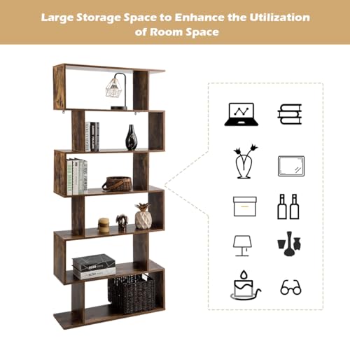 Tangkula 6-Tier Geometric Bookcase, Modern S-Shaped Storage Display Bookshelf for Living Room, Anti-Toppling Device, Home Office Wooden 6 Shelf Open Bookcase (2, Black)