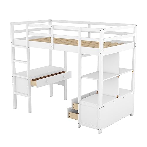 Twin Loft Bed, Saving Space Beds Frame with Desk, Storage Shelves, Drawers, Ladder, Guardrail, Solid Wood Loft Bed, Bedroom Furniture for Living Room Kids Teens Bedroom