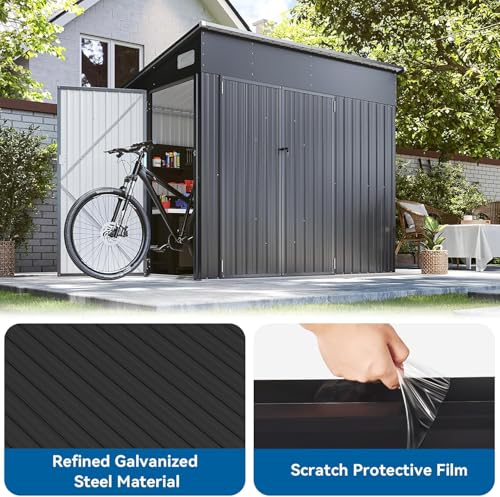 8'x4' Shed Galvanized Steel Storage Sheds with Triple Doors Weatherproof Outdoor Utility Sheds, Dual Lock Lean to Shed with Sloped Roof for Mower, Bike, Generator, Garden Tools (Black)