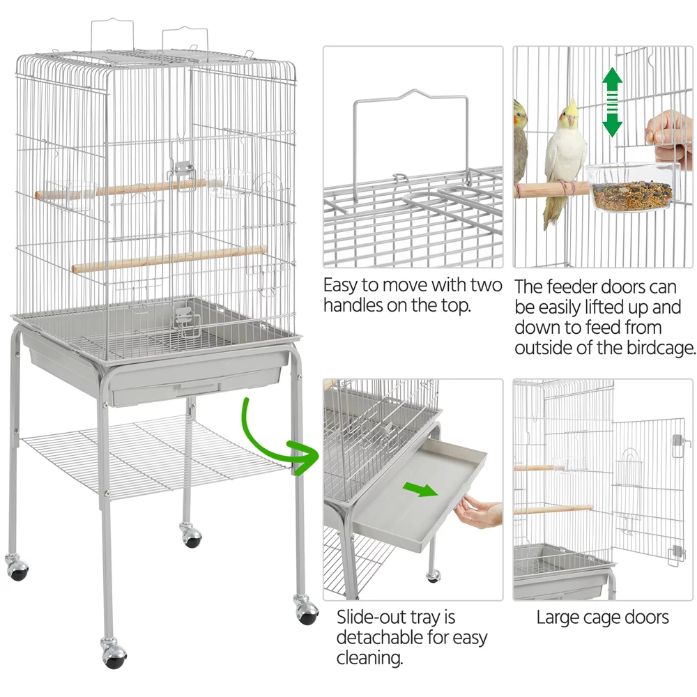 Alden Design 53.5" Metal Rolling Bird Cage with Play Top Stand, Light Gray - Curated Treasures Market