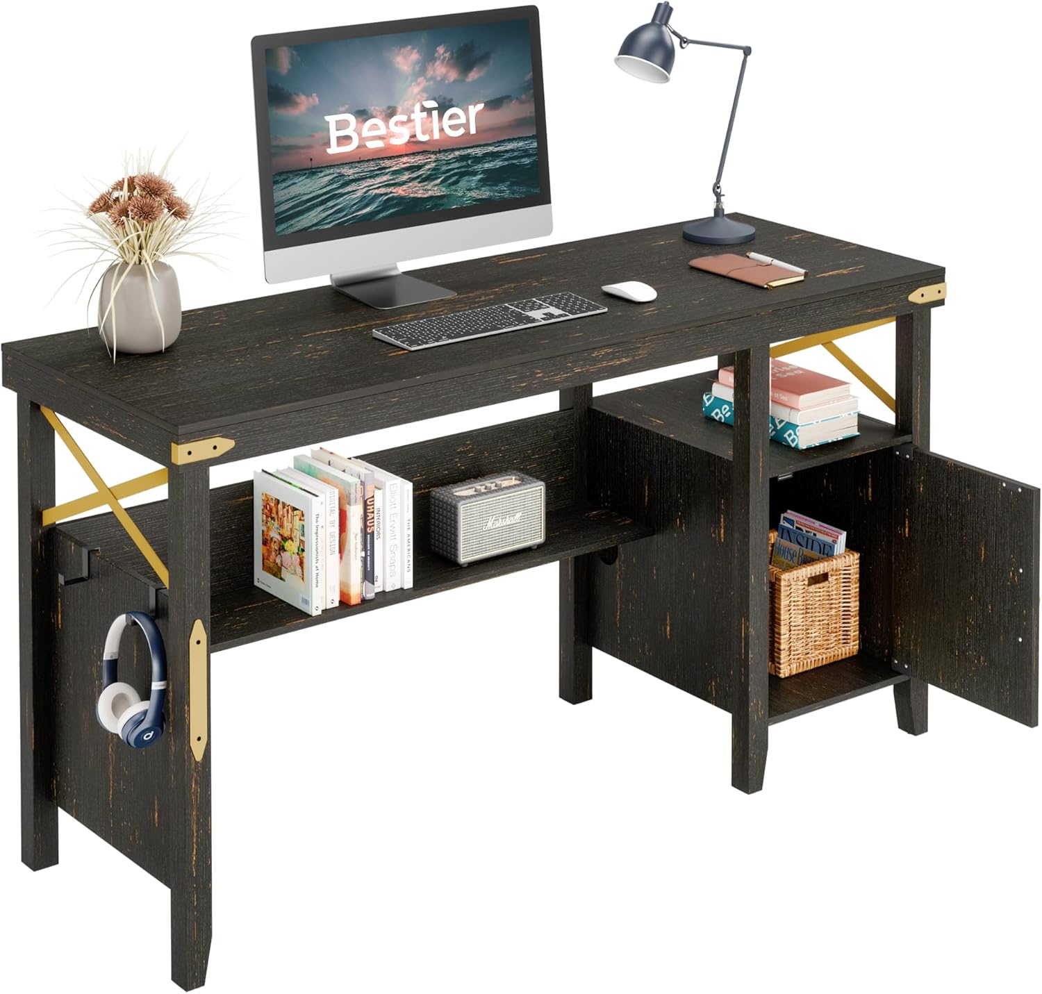 Bestier Farmhouse Computer Desk with Storage Cabinet, 55 Inch Home Office Table with Bookshelf, Rustic Brown