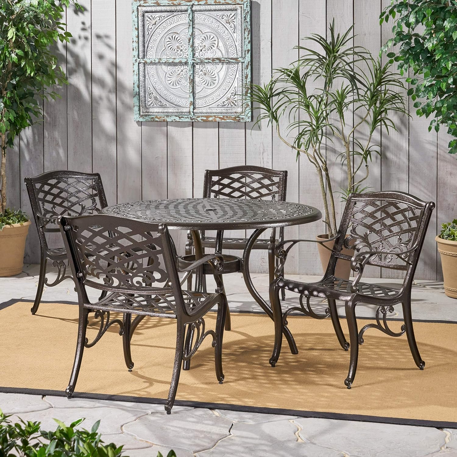 Christopher Knight Home Hallandale Outdoor Cast Aluminum Dining Set for Patio or Deck, 5-Pcs Set, Hammered Bronze
