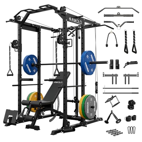 Mikolo Power Cage, Power Rack with Cable Crossover System, 1500LBS Squat Rack with LAT Pull Down System, Workout Cage with Pulley System for Fitness Home Gym