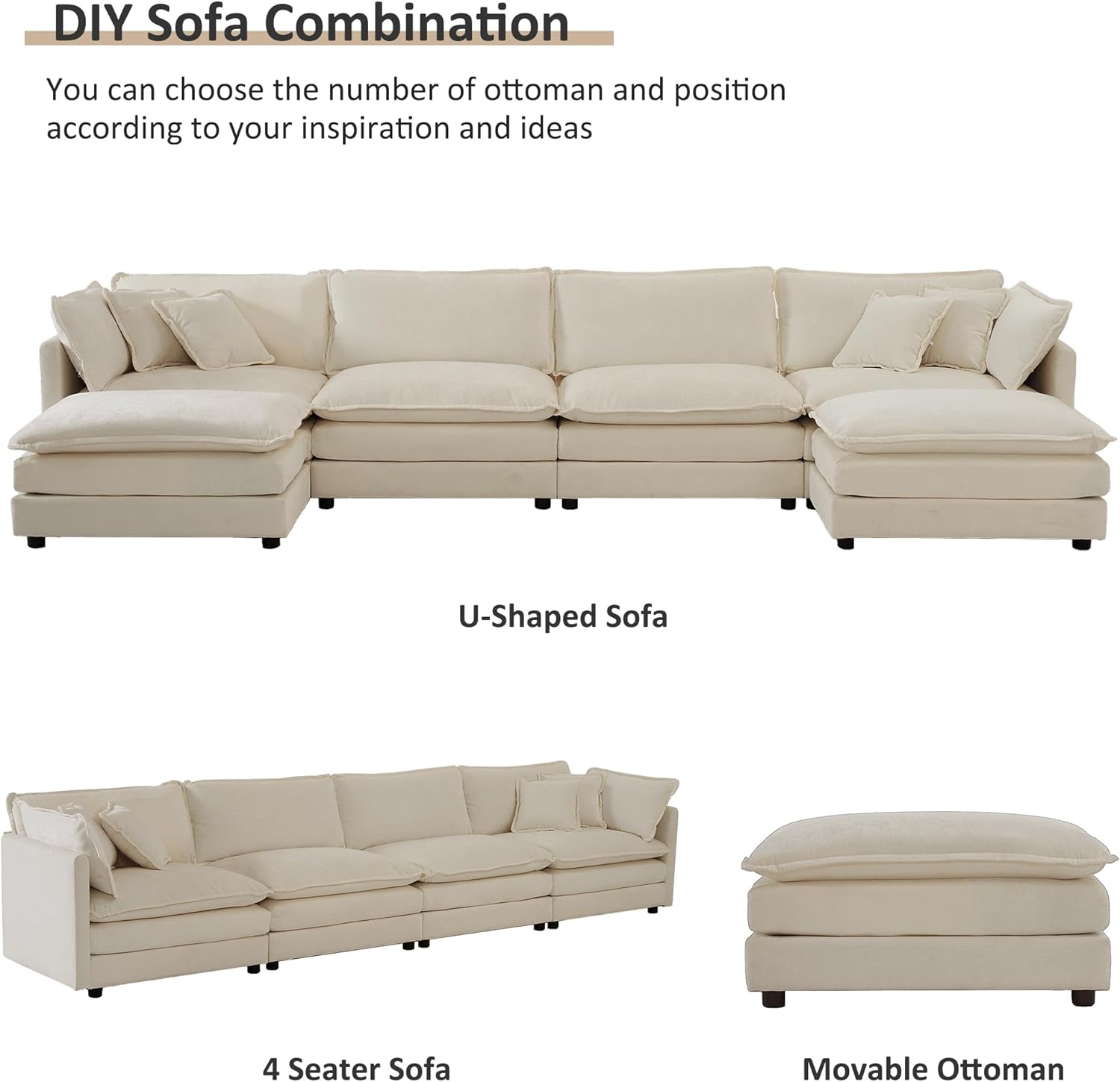 146" Oversized U-Shaped Modular Sectional Sofa Couch for Living Room, Modern Soft Chenille Large Cloud Couch, Comfy Deep Seat with Chaise & Movable Ottomans (Camel, U-shaped 4 Seat)