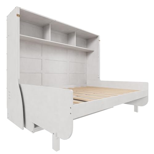 Full Size Murphy Bed with Desk, Horizontal Wall Bed with Storage Shelves, Solid Wood Cabinet Murphy Bed Full Size, Antique White