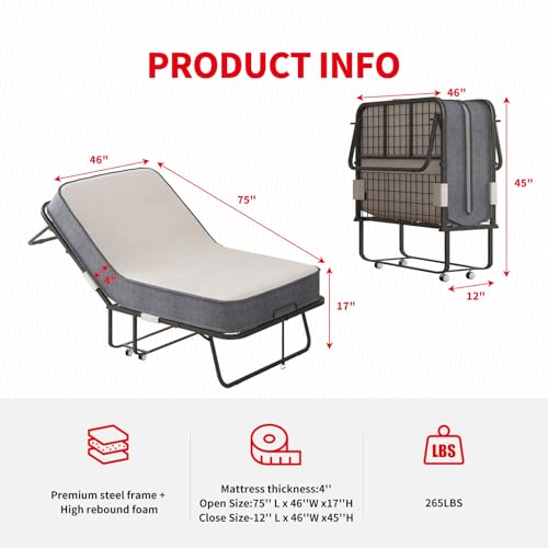 MUZZ Folding Bed with 5" Memory Foam Mattress,Rollaway Bed with Headboard for Adults, Portable Foldable Bed with 4 Lockable Wheels and Metal Frame for Living Room,Guest Room (75" x 31")