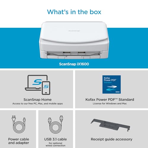 ScanSnap iX2500 Wireless or USB High-Speed Cloud Enabled Document, Photo & Receipt Scanner with Large Touchscreen and 100 Page Auto Document Feeder for Mac or PC, White